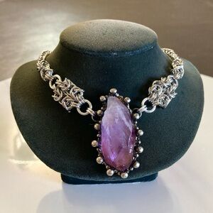 Handmade Genuine raw amethyst crystal maille stainless steel boho goth necklace